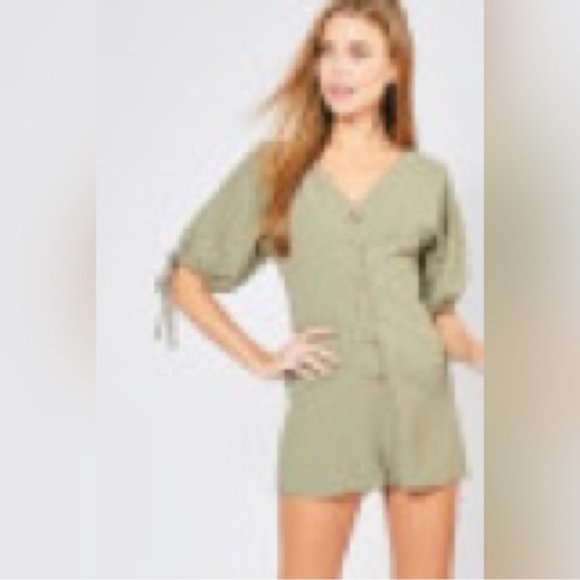 Entro | Sweeter Days Utility Puff Sleeve Retro Button Down Romper Olive Green - Picture 4 of 14
